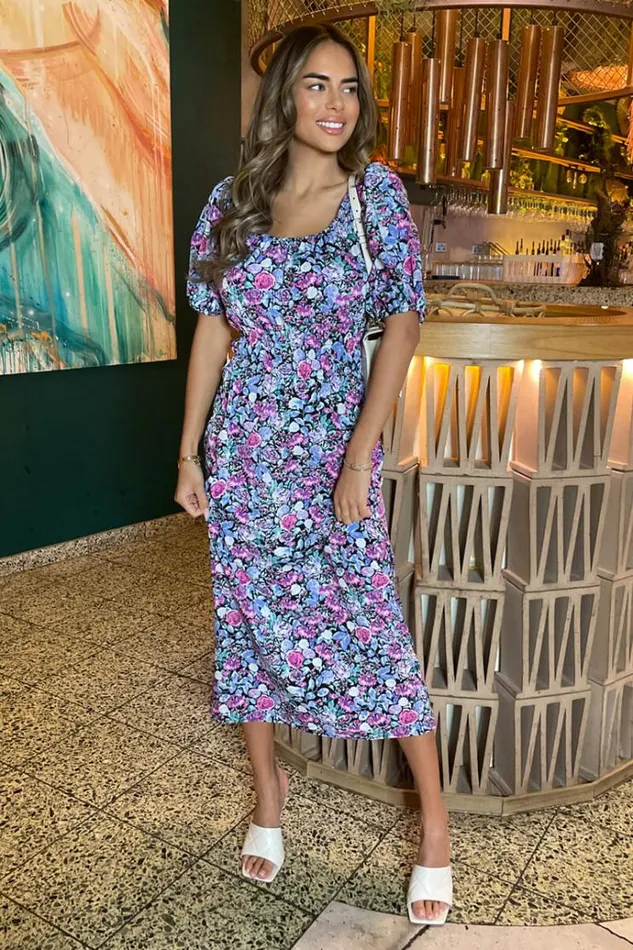 AX Paris Lilac Floral Printed Puff Sleeve Midi Dress Women Dresses