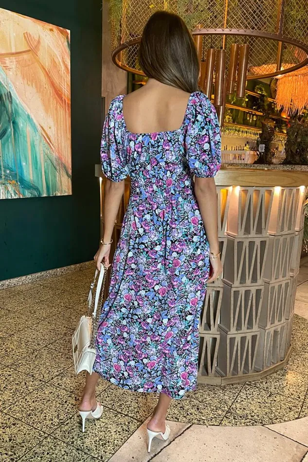 AX Paris Lilac Floral Printed Puff Sleeve Midi Dress Women Dresses