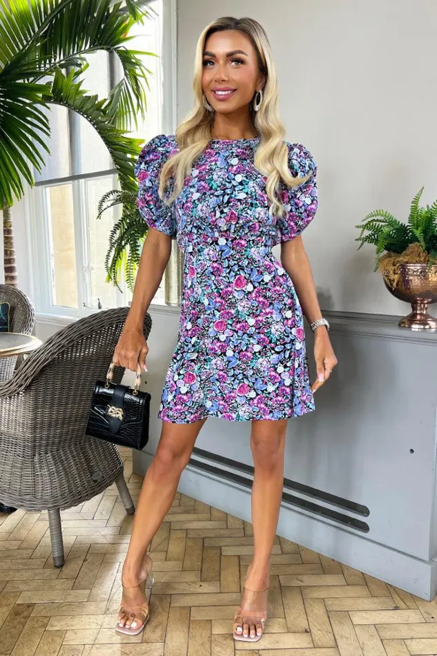 AX Paris Lilac Floral Printed Puff Sleeve Mini Skater Dress Women Dresses