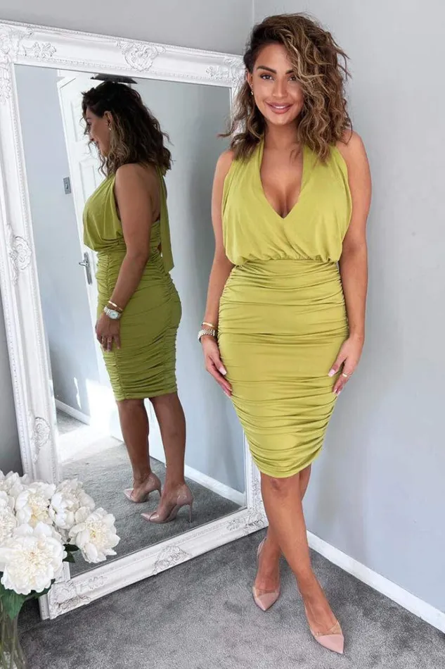 AX Paris Lime Halter Tie Neck Ruched Midi Bodycon Dress Women Dresses