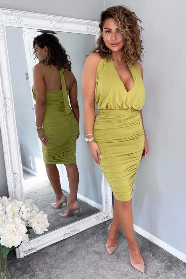 AX Paris Lime Halter Tie Neck Ruched Midi Bodycon Dress Women Dresses