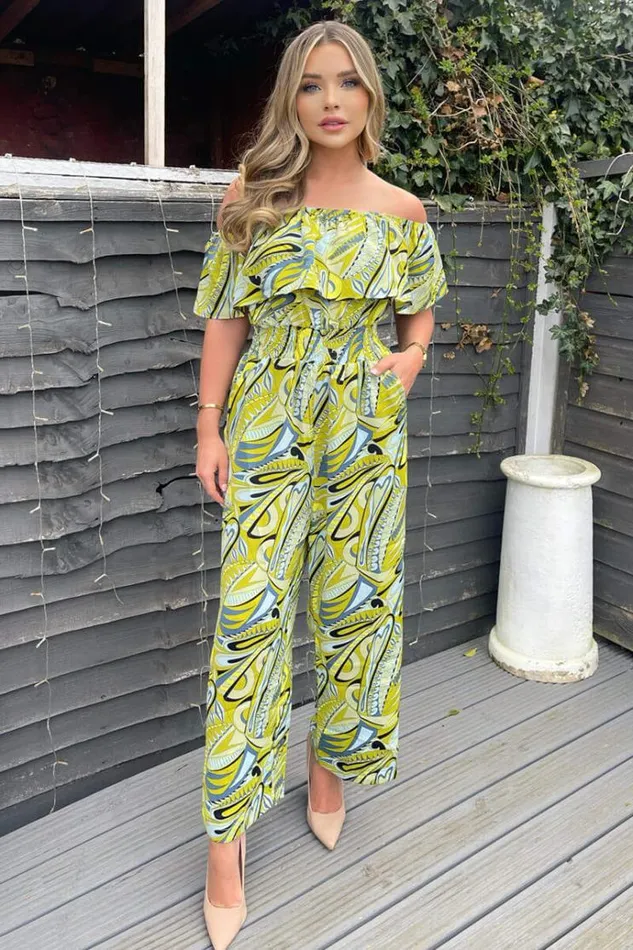 AX Paris Lime Printed Bardot Culotte Jumpsuit Women Jumpsuits And Playsuits