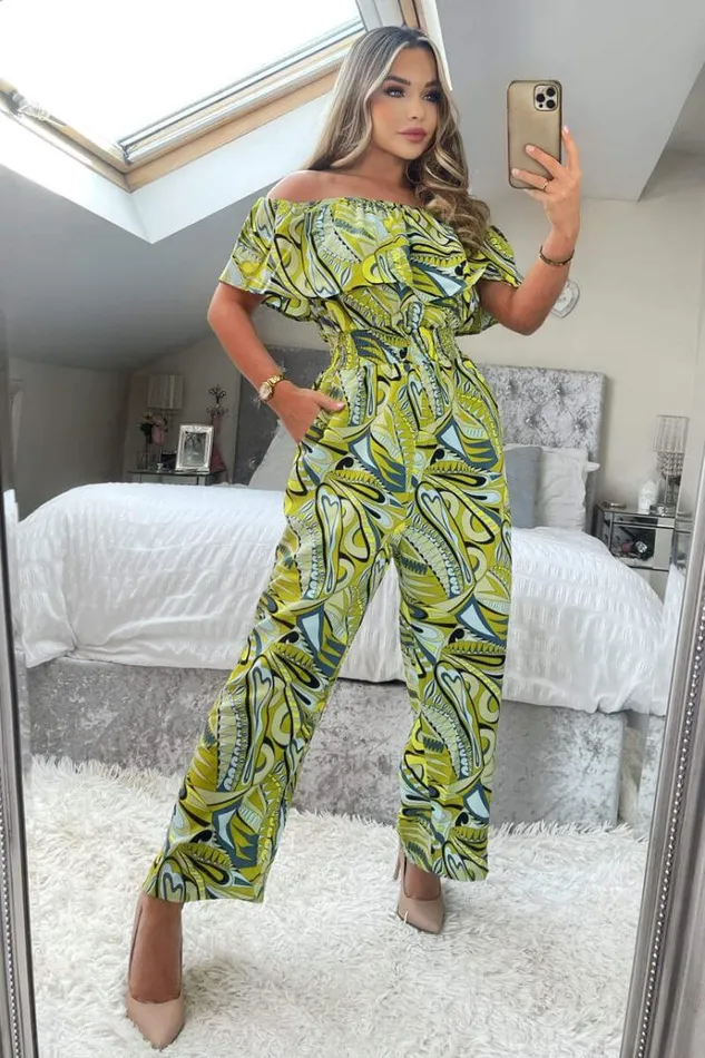 AX Paris Lime Printed Bardot Culotte Jumpsuit Women Jumpsuits And Playsuits