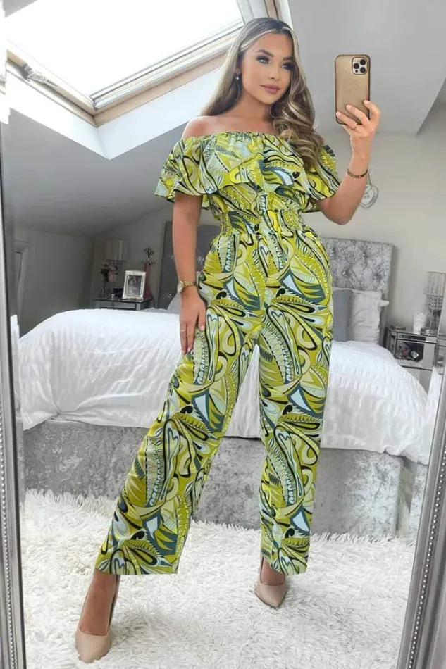 AX Paris Lime Printed Bardot Culotte Jumpsuit Women Jumpsuits And Playsuits