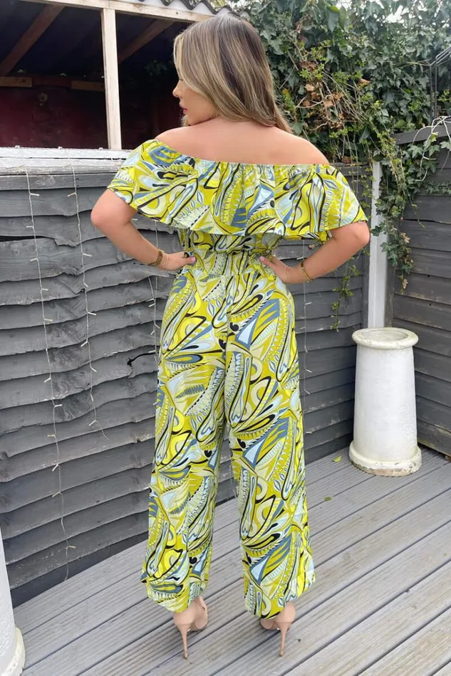 AX Paris Lime Printed Bardot Culotte Jumpsuit Women Jumpsuits And Playsuits