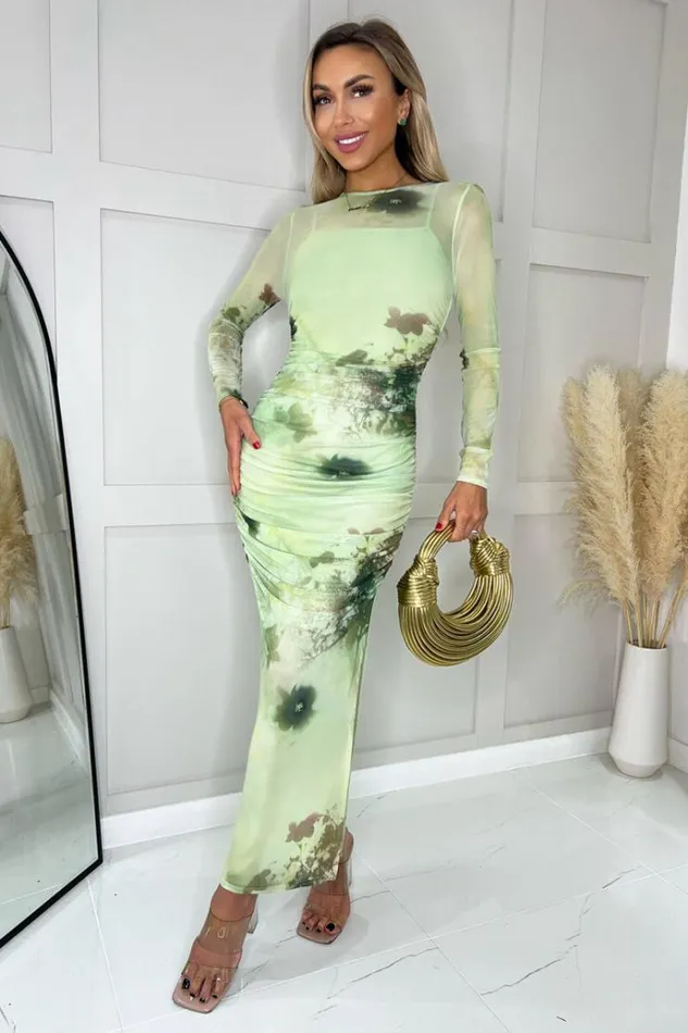 AX Paris Lime Printed Mesh Overlay Long Sleeve Bodycon Midi Dress Women Dresses