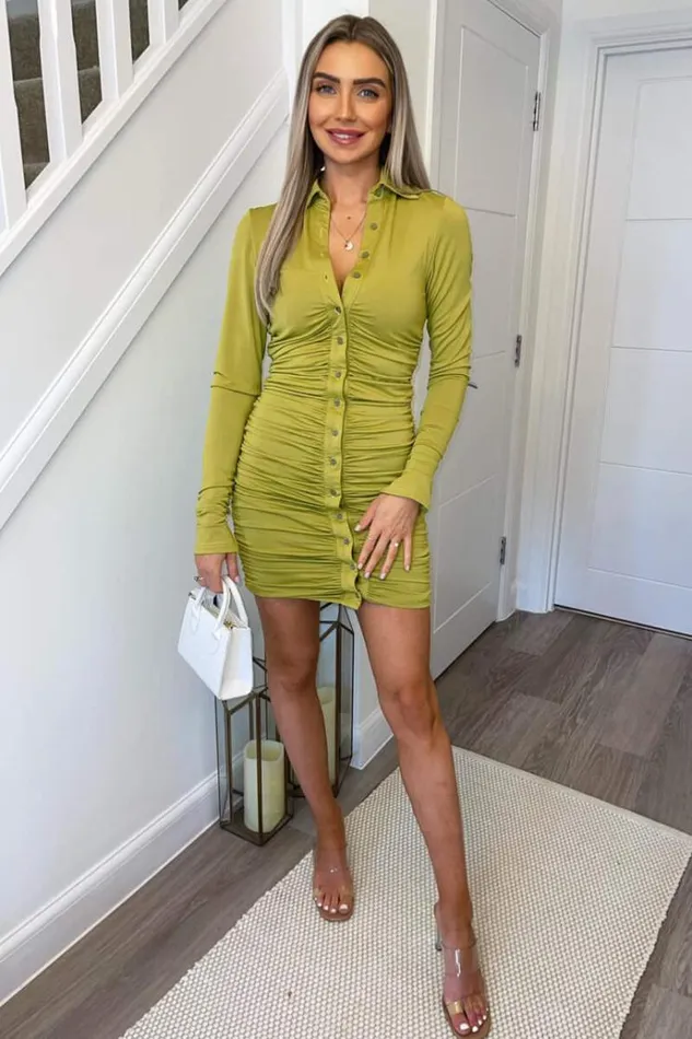 AX Paris Lime Ruched Button Front Bodycon Dress Women Dresses