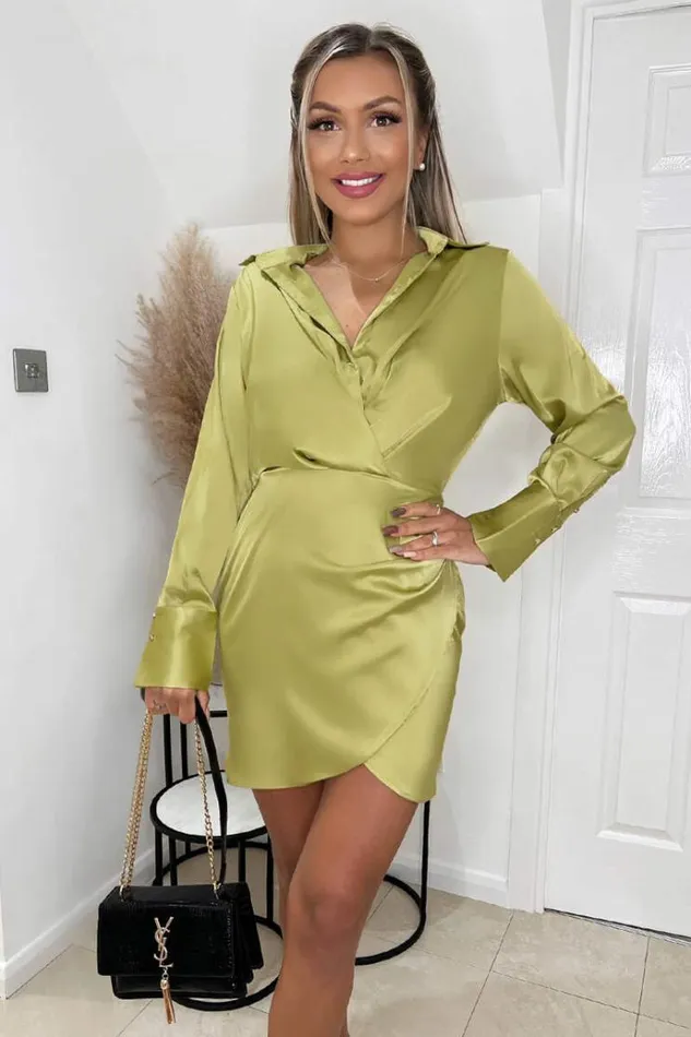 AX Paris Lime Satin Wrap Shirt Dress Women Dresses
