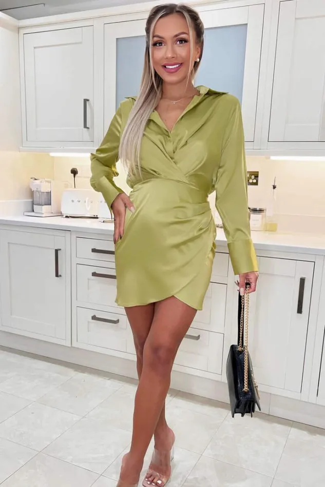 AX Paris Lime Satin Wrap Shirt Dress Women Dresses
