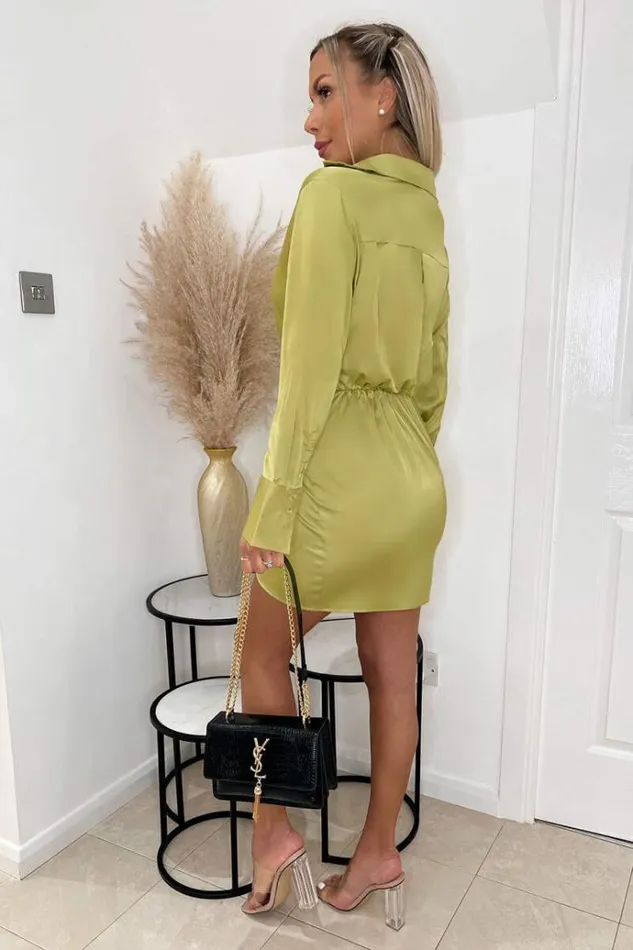 AX Paris Lime Satin Wrap Shirt Dress Women Dresses