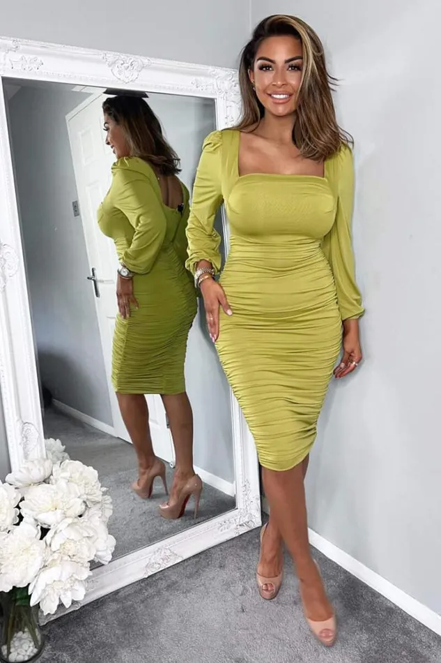 AX Paris Lime Square Neck Ruched Long Sleeve Midi Dress Women Dresses