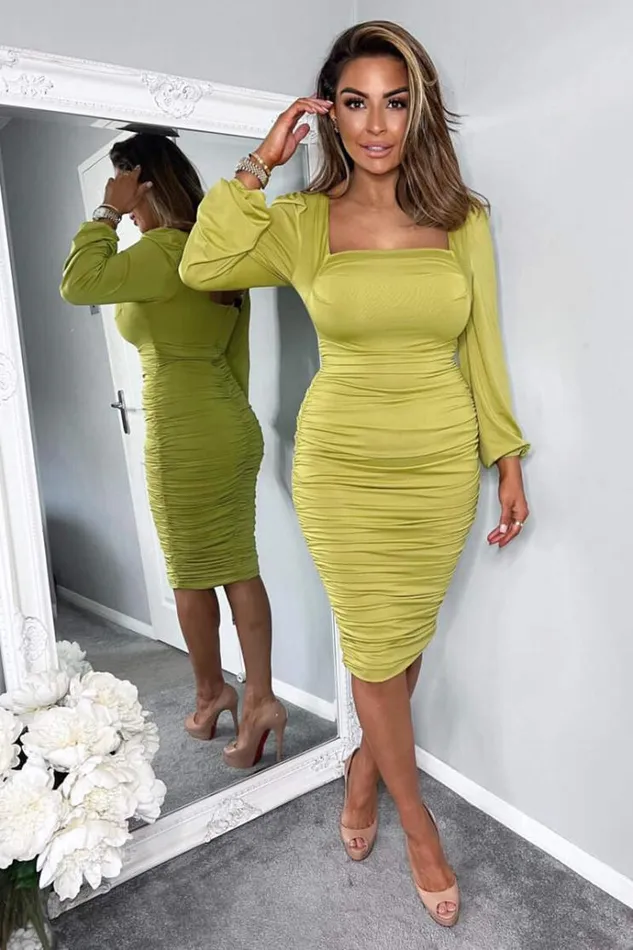 AX Paris Lime Square Neck Ruched Long Sleeve Midi Dress Women Dresses