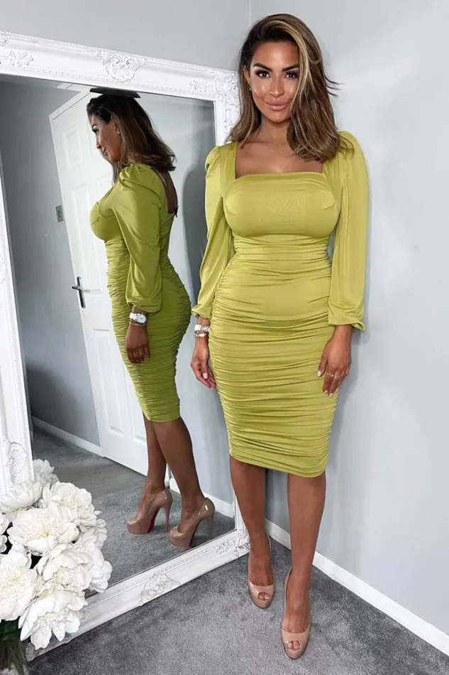 AX Paris Lime Square Neck Ruched Long Sleeve Midi Dress Women Dresses