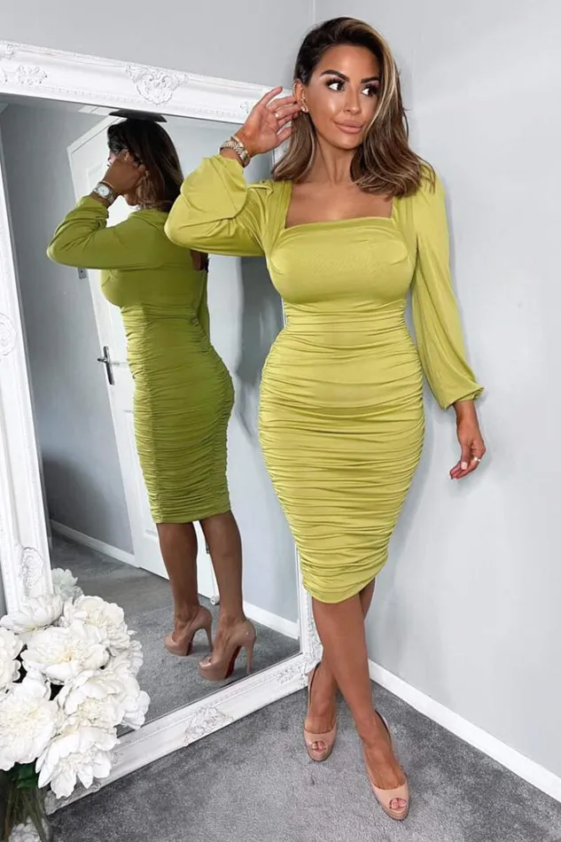 AX Paris Lime Square Neck Ruched Long Sleeve Midi Dress Women Dresses