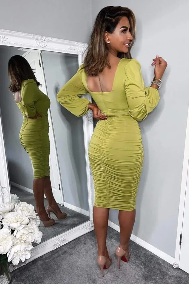 AX Paris Lime Square Neck Ruched Long Sleeve Midi Dress Women Dresses