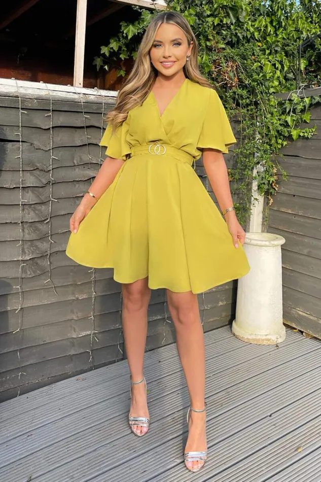 AX Paris Lime Wrap Over Belted Skater Dress With Short Sleeves Women Dresses