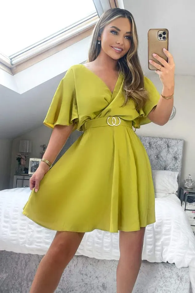 AX Paris Lime Wrap Over Belted Skater Dress With Short Sleeves Women Dresses