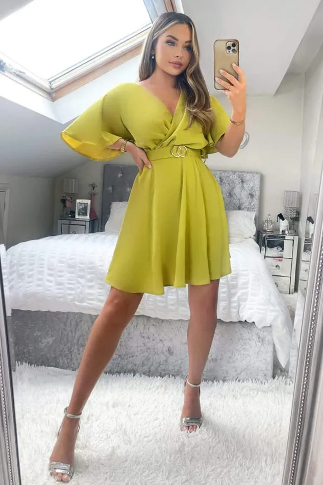 AX Paris Lime Wrap Over Belted Skater Dress With Short Sleeves Women Dresses