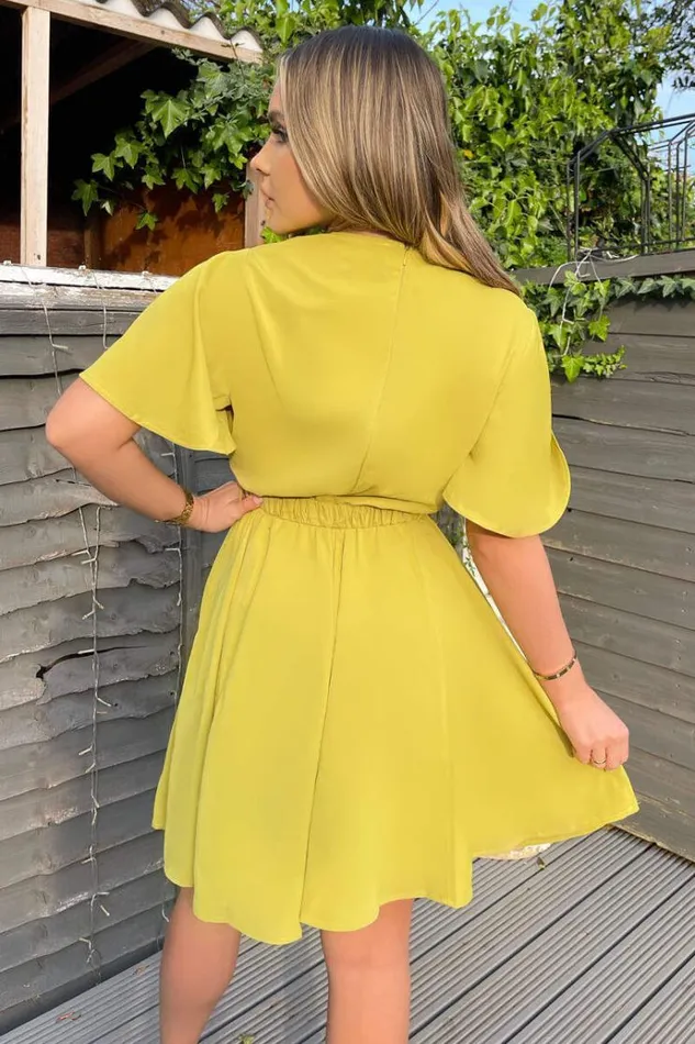 AX Paris Lime Wrap Over Belted Skater Dress With Short Sleeves Women Dresses