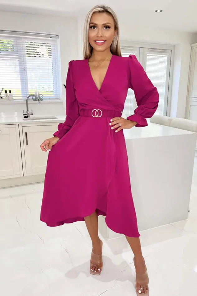 AX Paris Magenta Long Sleeve Belted Midi Dress Women Dresses