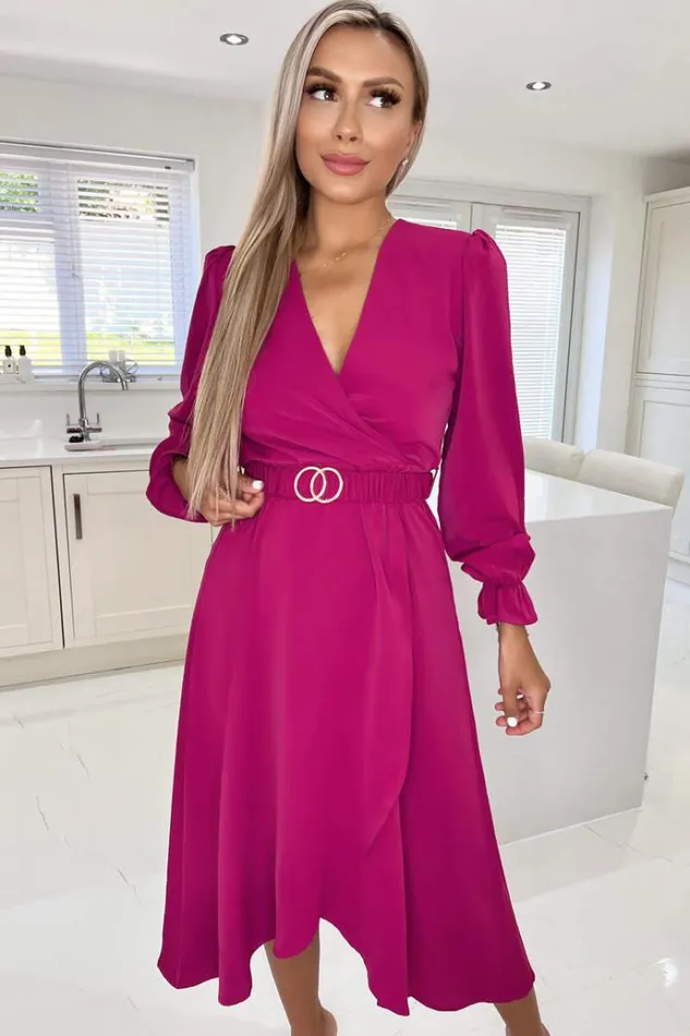 AX Paris Magenta Long Sleeve Belted Midi Dress Women Dresses
