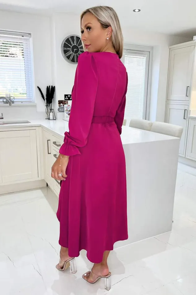 AX Paris Magenta Long Sleeve Belted Midi Dress Women Dresses