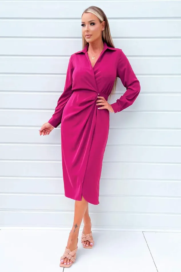 AX Paris Magenta Long Sleeve Side Ruched Wrap Over Midi Dress Women Dresses