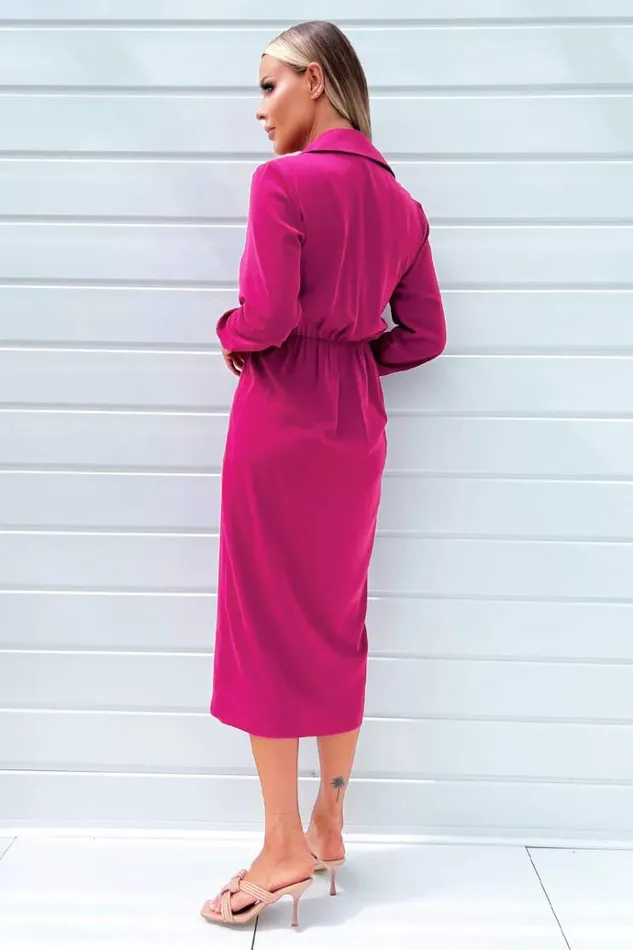 AX Paris Magenta Long Sleeve Side Ruched Wrap Over Midi Dress Women Dresses