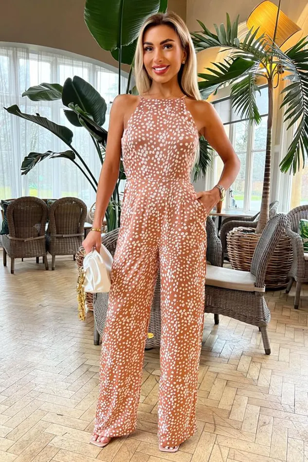 AX Paris Mocha Polka Dot High Neck Jumpsuit Women Jumpsuits And Playsuits