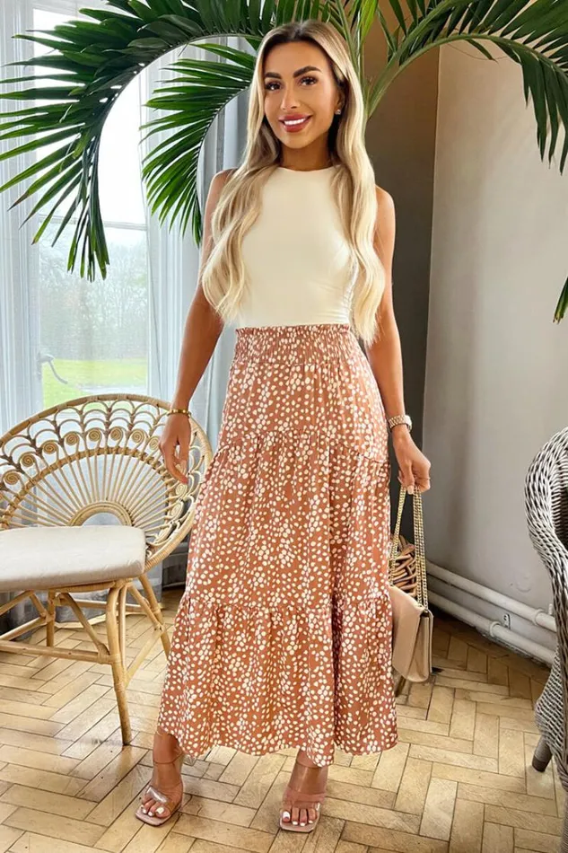 AX Paris Mocha Print Shirred Waist Maxi Skirt Women Skirts and Shorts