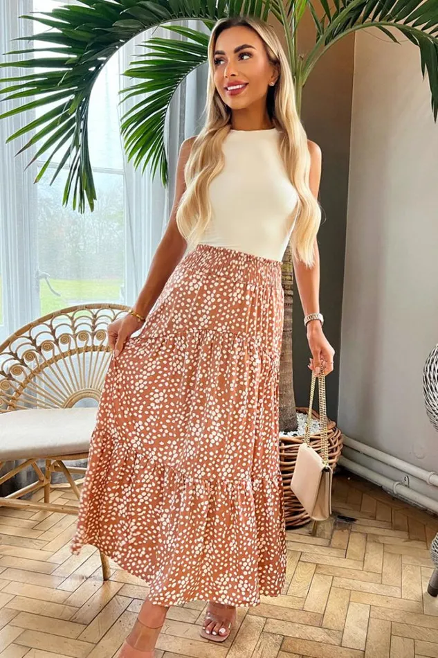 AX Paris Mocha Print Shirred Waist Maxi Skirt Women Skirts and Shorts