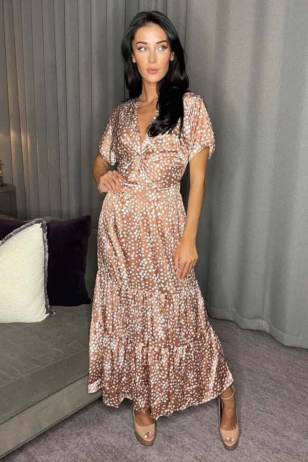 AX Paris Mocha Print Twist Front Midi Dress Women Dresses
