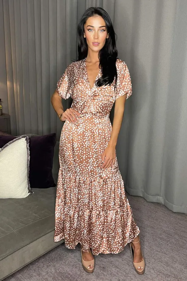 AX Paris Mocha Print Twist Front Midi Dress Women Dresses