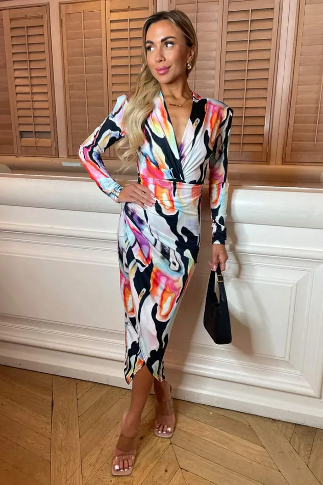 AX Paris Multi Abstract Print Long Sleeve Bodycon Midi Dress Women Dresses