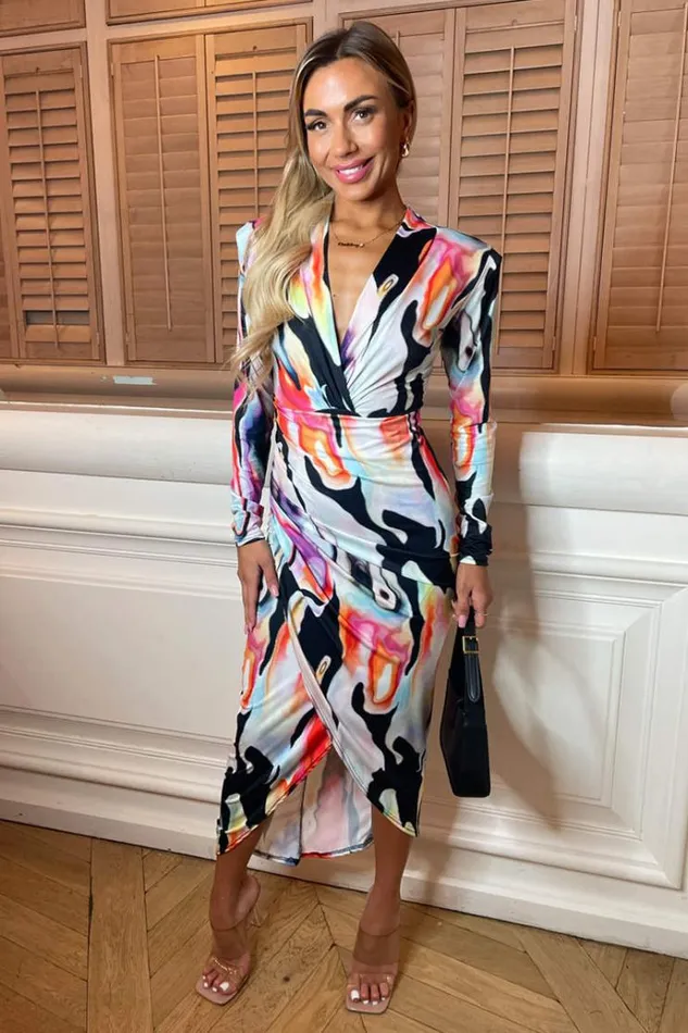 AX Paris Multi Abstract Print Long Sleeve Bodycon Midi Dress Women Dresses