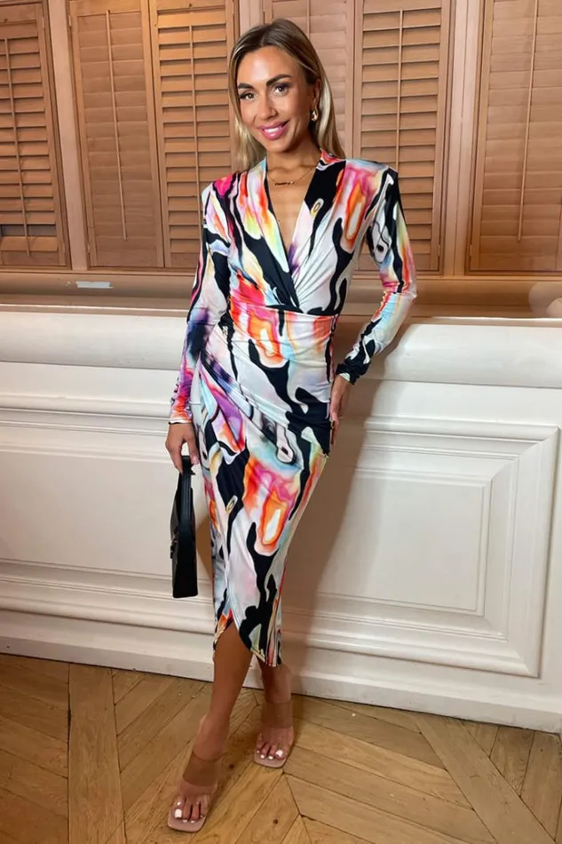 AX Paris Multi Abstract Print Long Sleeve Bodycon Midi Dress Women Dresses