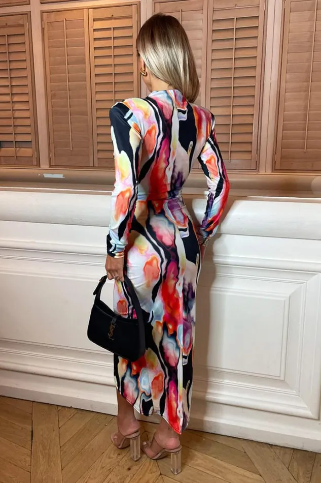 AX Paris Multi Abstract Print Long Sleeve Bodycon Midi Dress Women Dresses