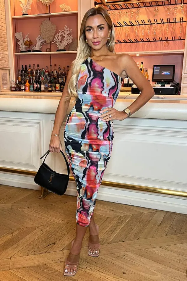 AX Paris Multi Abstract Print Mesh One Shoulder Bodycon Midi Dress Women Dresses