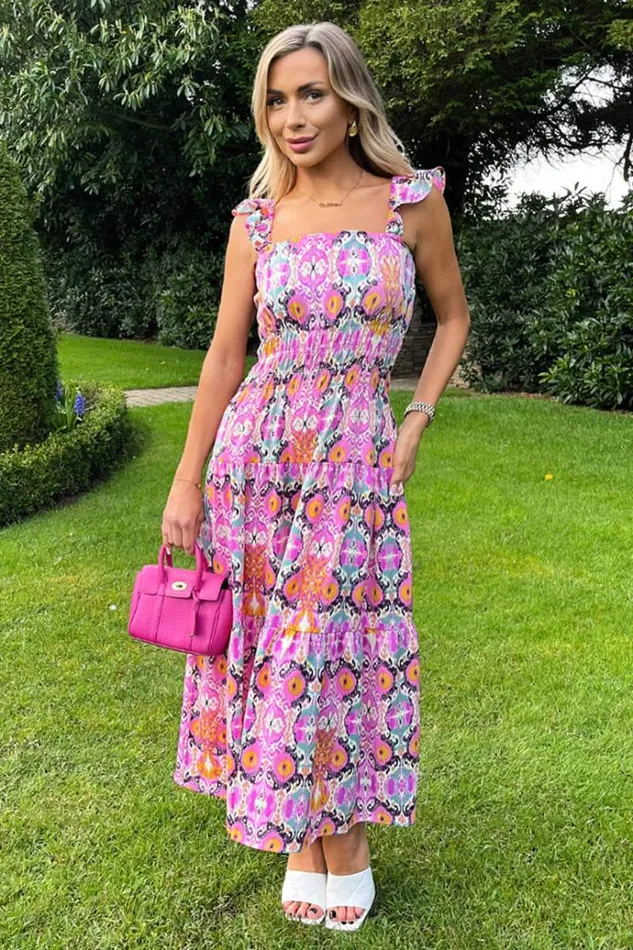 AX Paris Multi Abstract Printed Frill Strap Midi Dress Women Dresses