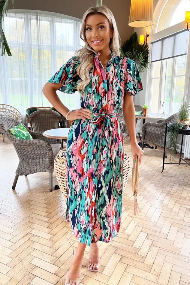 AX Paris Multi Abstract Printed Tie Waist Short Sleeve Shirt Dress Women Dresses AX Paris Multi Abstract Printed Tie Waist Short Sleeve Shirt Dress Women Dresses