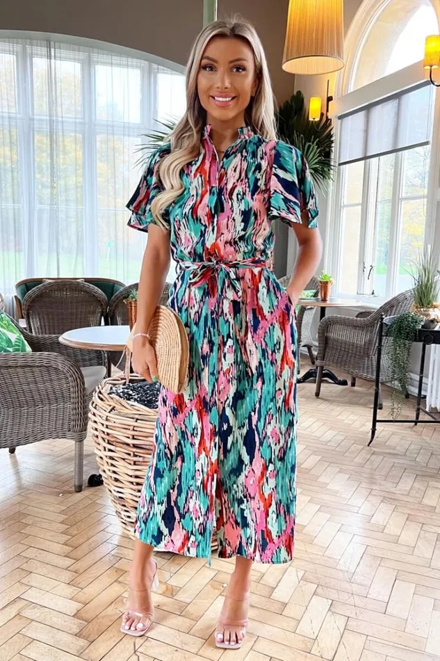 AX Paris Multi Abstract Printed Tie Waist Short Sleeve Shirt Dress Women Dresses