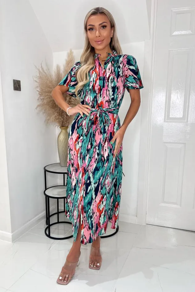 AX Paris Multi Abstract Printed Tie Waist Short Sleeve Shirt Dress Women Dresses