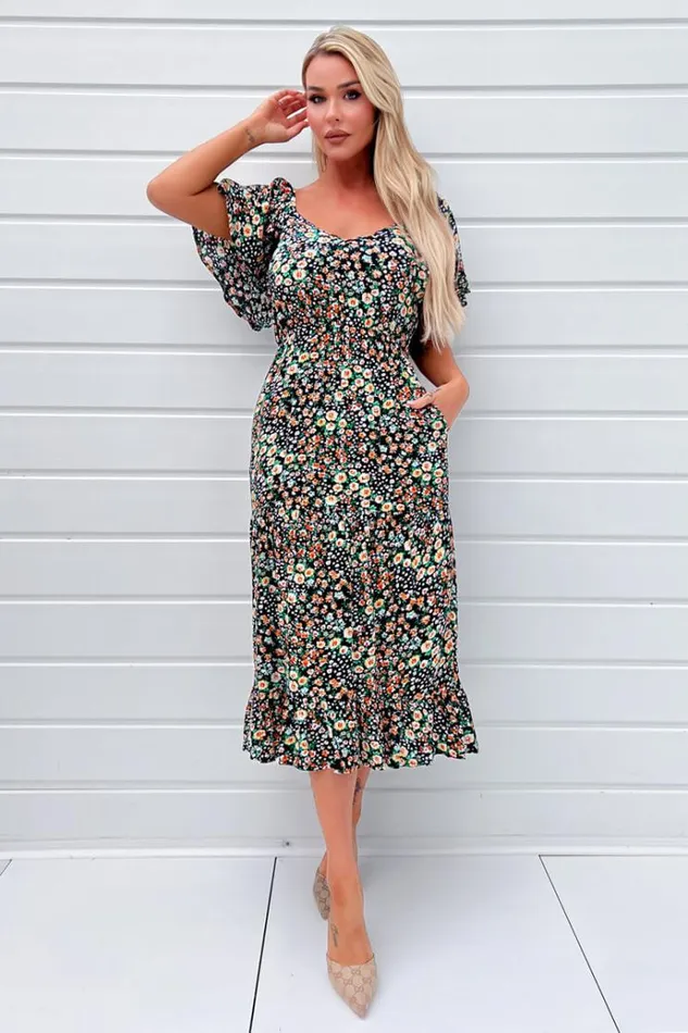 AX Paris Multi Ditsy Printed Flutter Sleeve Midi Dress Women Dresses