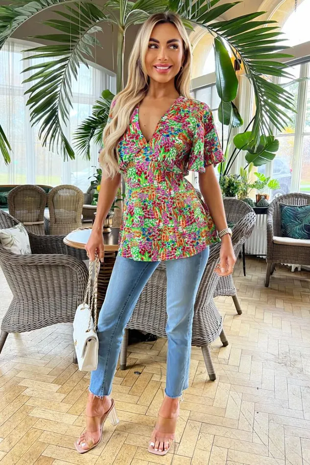 AX Paris Multi Floral Garden Print V Neck Top Women Tops