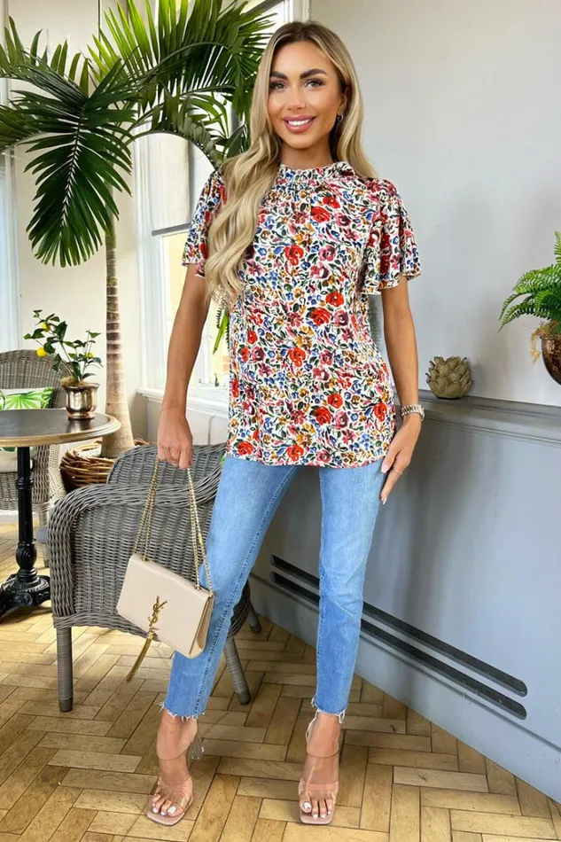 AX Paris Multi Floral Print Frill Neck Top Women Tops