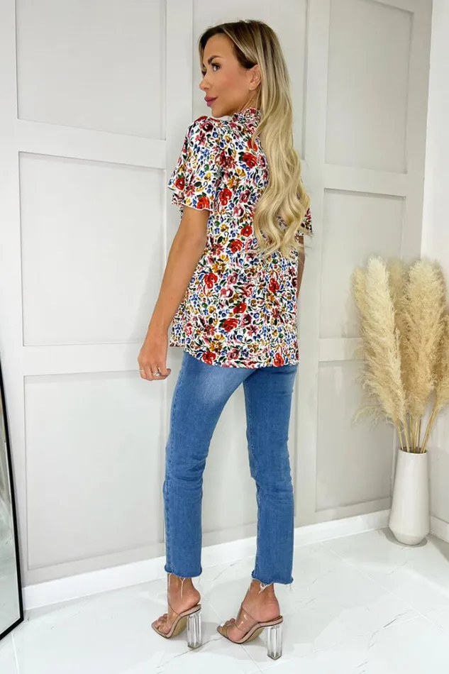 AX Paris Multi Floral Print Frill Neck Top Women Tops