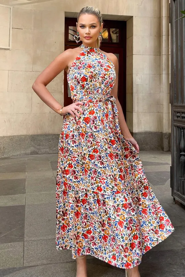 AX Paris Multi Floral Print High Neck Tie Belt Midi Dress Women Dresses