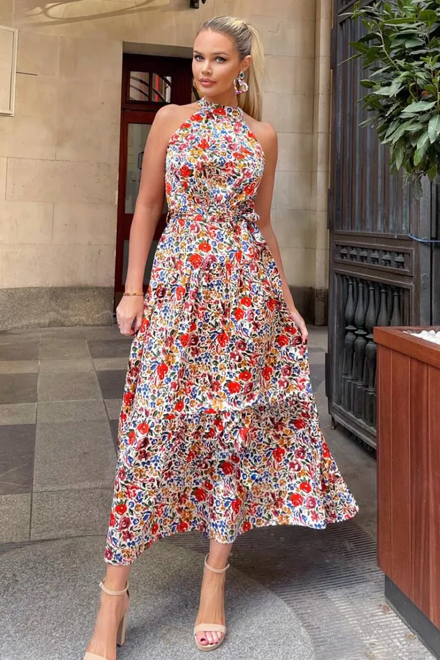 AX Paris Multi Floral Print High Neck Tie Belt Midi Dress Women Dresses