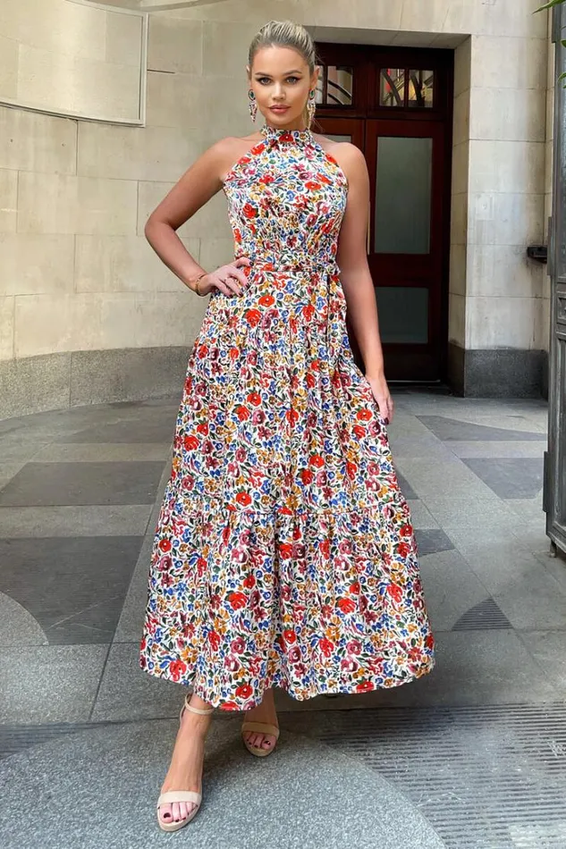 AX Paris Multi Floral Print High Neck Tie Belt Midi Dress Women Dresses
