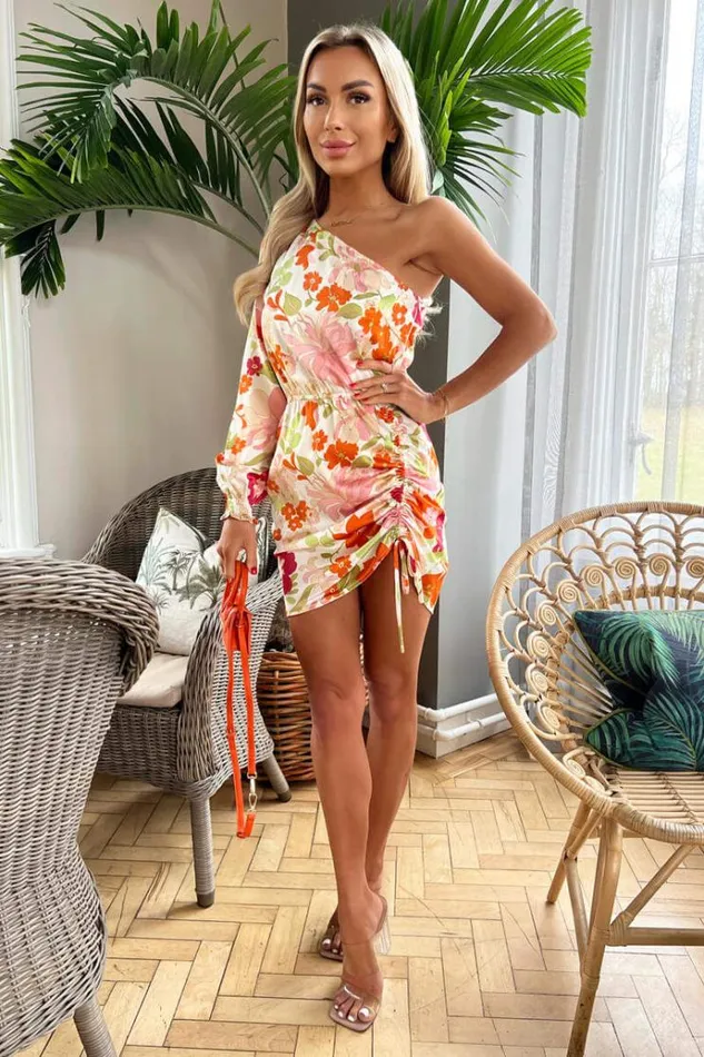 AX Paris Multi Floral Print One Sleeve Ruched Side Mini Dress Women Dresses